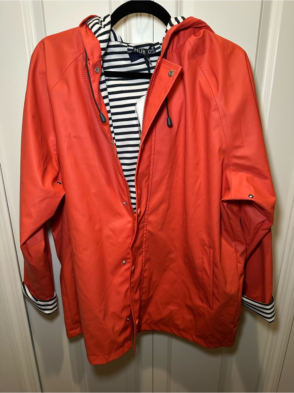 HUBLOT Orange Waterproof Hooded Raincoat with Striped Liner NWT